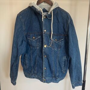 Vintage 90s Denim Blue Men's Jacket with Hood and Four Leaf Clover Size Medium